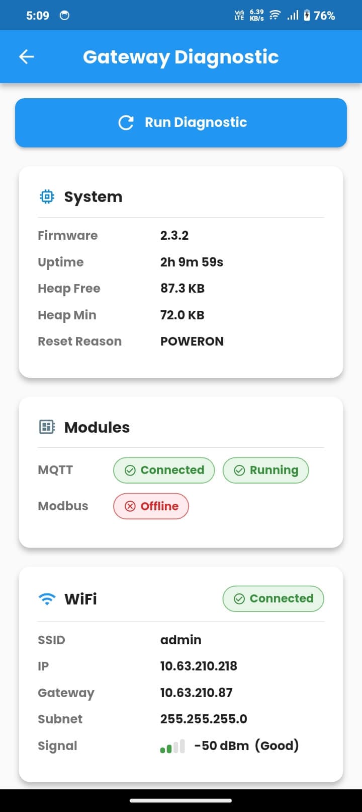 Gateway Diagnostic details showing real-time health data