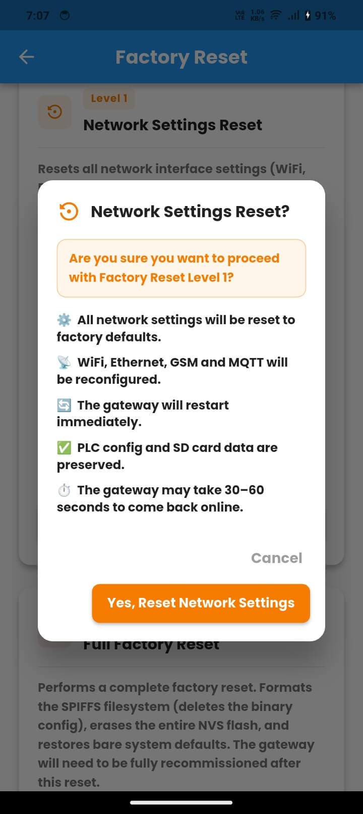 Network Reset screen with Level 1