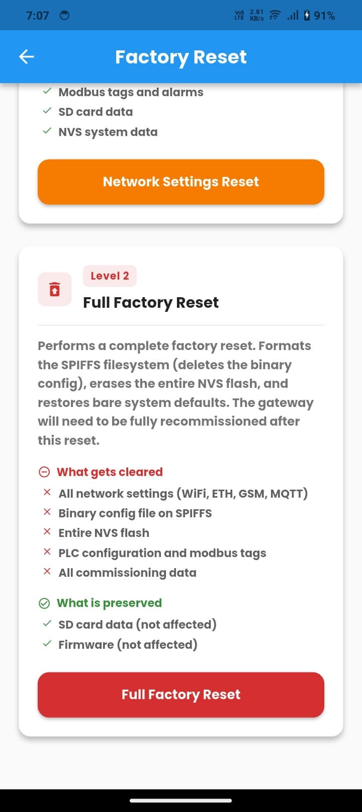 Factory Reset screen with Level 1