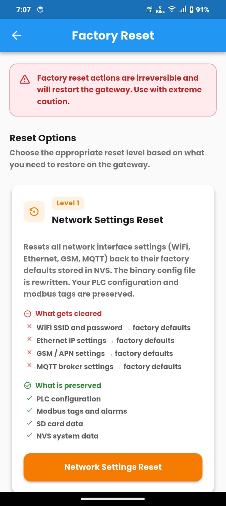 Network Reset screen with Level 1